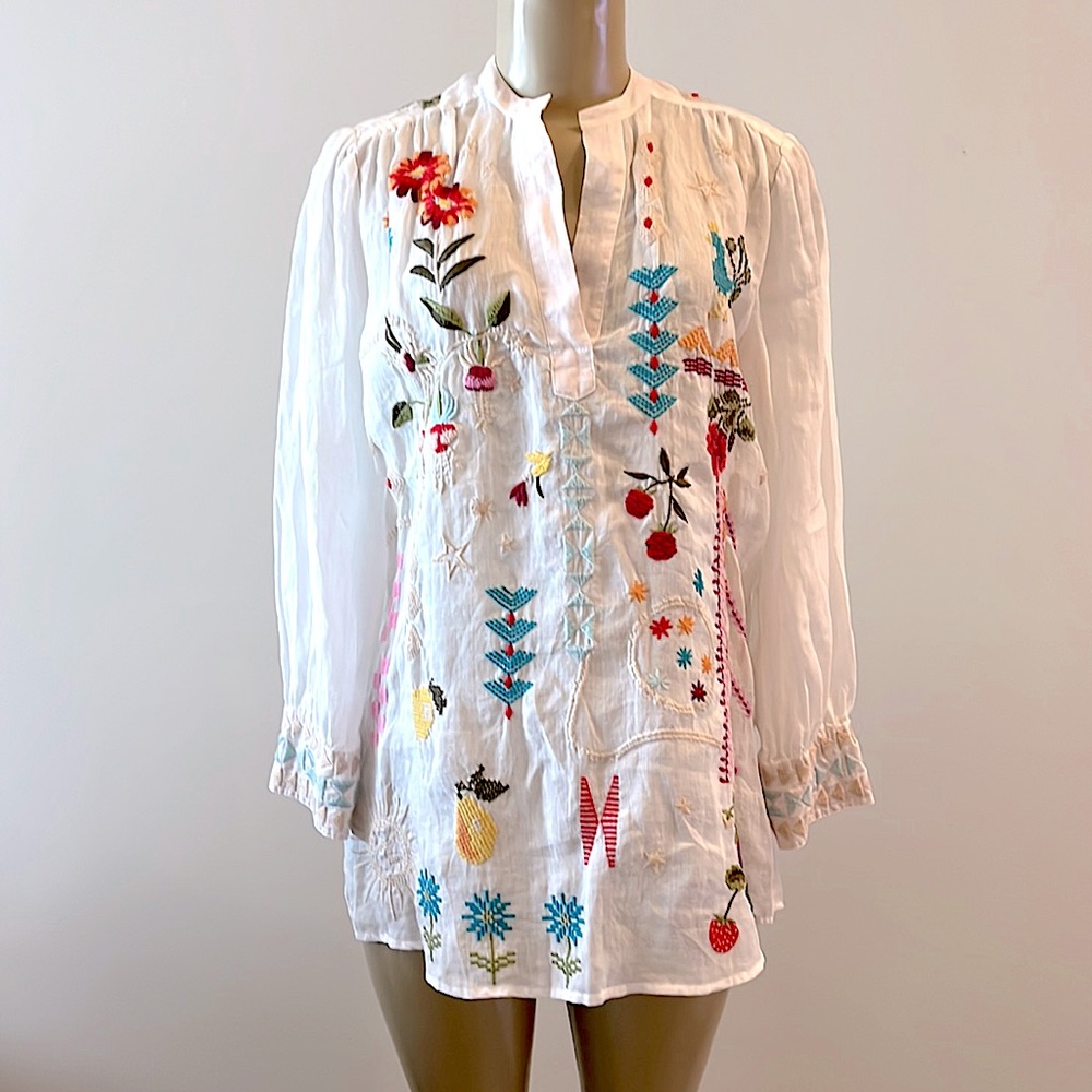 Johnny WAS White Embroidered Floral Tunic